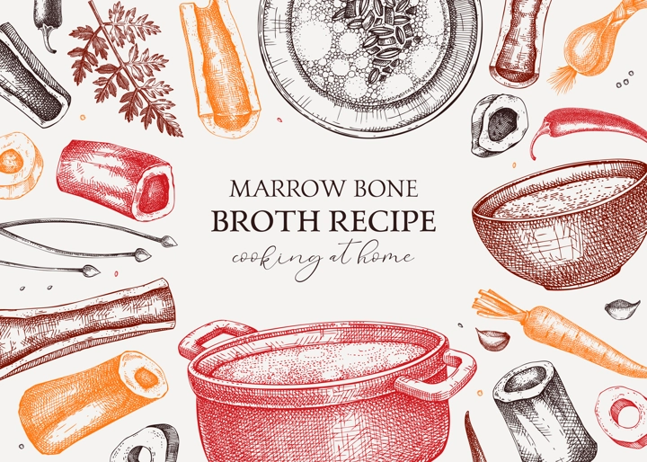 Healthy food background in color. Marrow bone broth banner. Hot soup on plates, pans, bowls, organ meat, vegetables, marrow bones sketches. Hand drawn vector illustrations. Homemade food ingredient